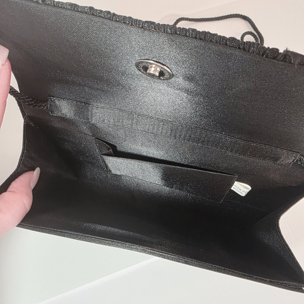Black Satin Beaded Clutch Evening Bag Crossbody Formal - Picture 6 of 12